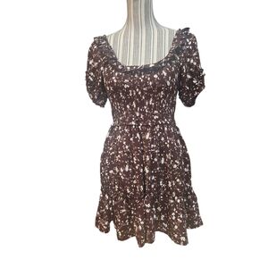 Heart&Heels Woman Brown Tiered Smocked Ruffles Fit&Flare Floral Mini Dress SizeL